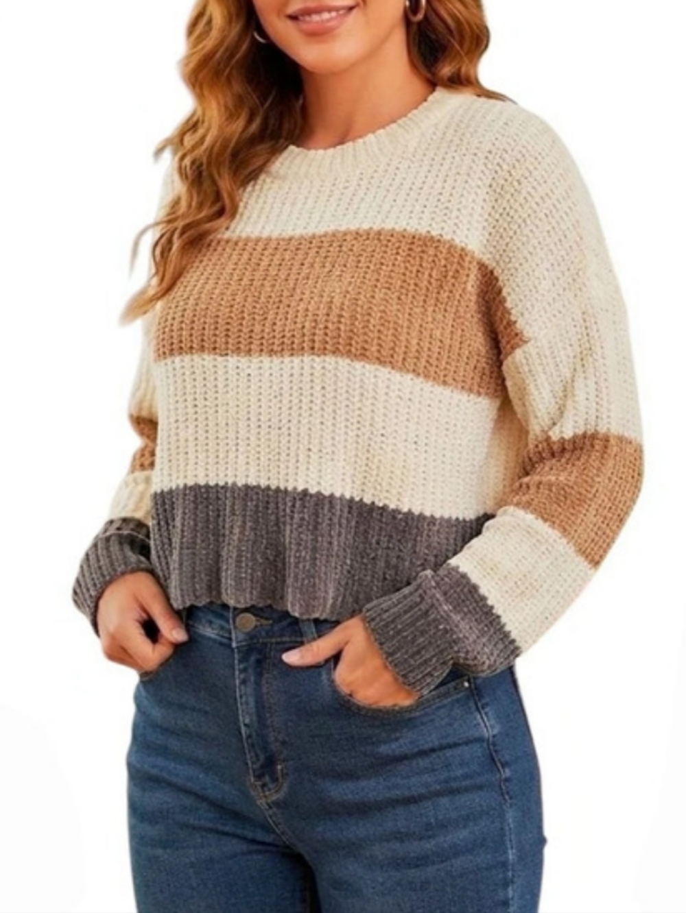 Moon & Madison Colorblock Chenille Chunky Knit Crop Sweater Size Medium